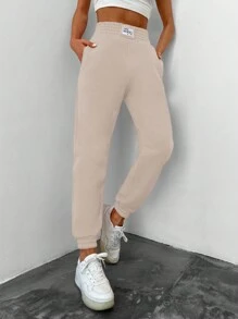 RueChic Letter Patched Detail Slant Pocket Pants - Khaki - View 3