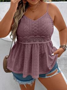 Breezaya Plus Eyelet Embroidery Contrast Lace Peplum Cami Top - Dusty Pink - View 5