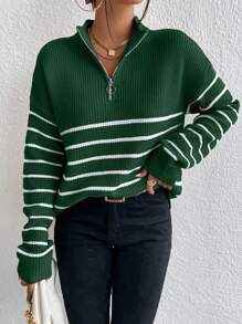 Chiquease 條紋圖案前拉鍊落肩袖套頭毛衣 - 墨綠色 - 查看 3