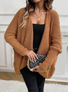 SHEIN Essnce 瀑布领蝙蝠袖开衫 - 棕色 - 查看 3