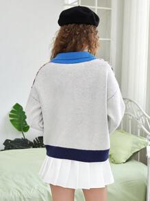 SHEIN EZwear 卡通小熊&菱形印花Polo領落肩袖套頭毛衣 - 彩色 - 查看 2