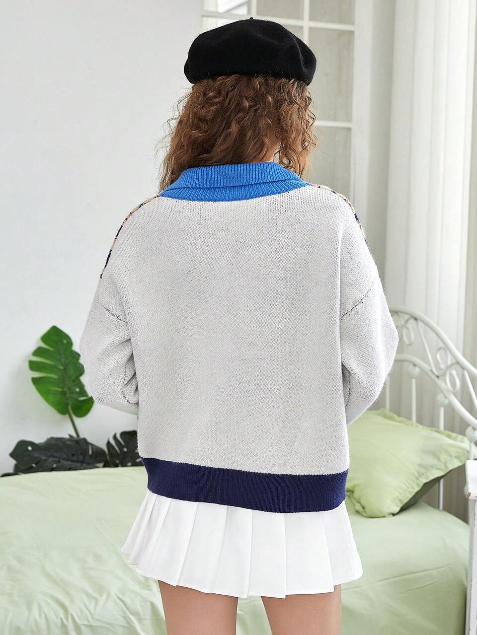 Cartoon Bear & Argyle Pattern Polo Neck Drop Shoulder Sweater