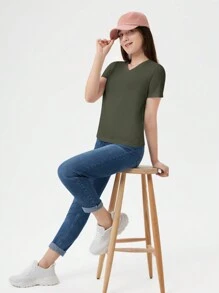 RueChic Teen Girl Solid V Neck Tee - Dark Green - View 4