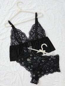 Talla grande Set de lencería con encaje floral - Negro - Ver 2