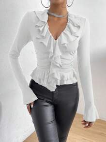 Allurite Women's White Elegant Ruffled Top With Ruffled Cuffs And Ruched Neckline - White - View 5