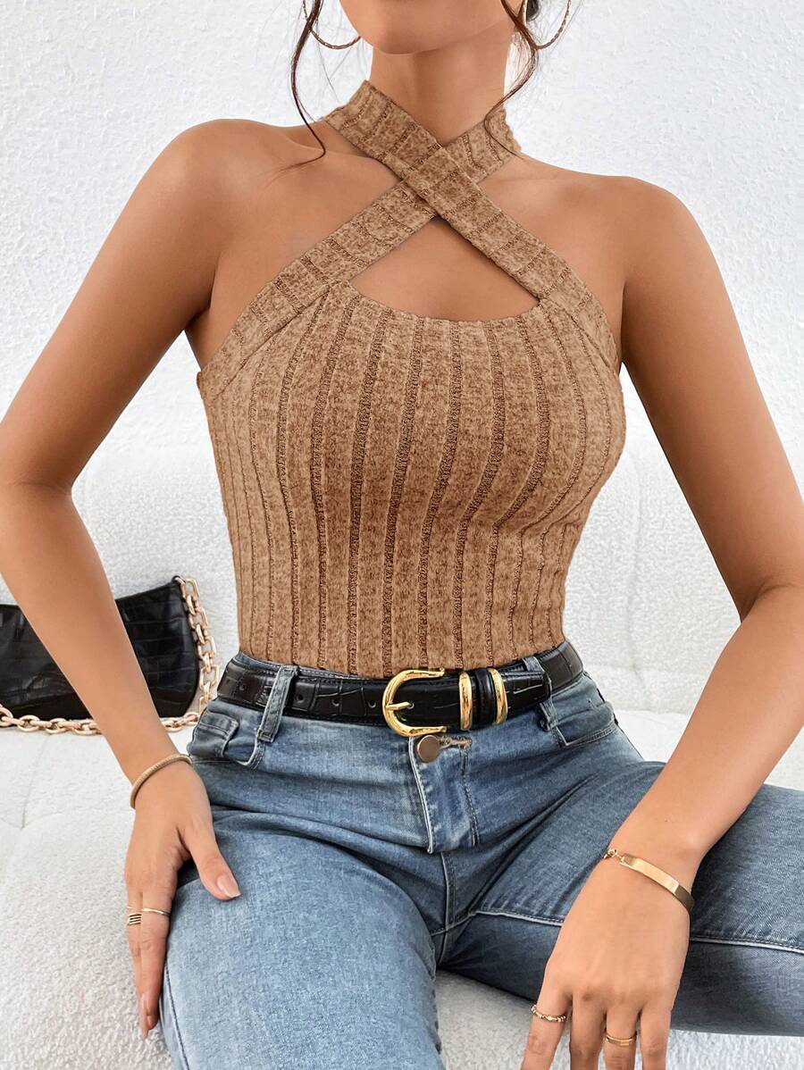 SHEIN Essnce Criss Cross Front Halter Top - Camel - View 1