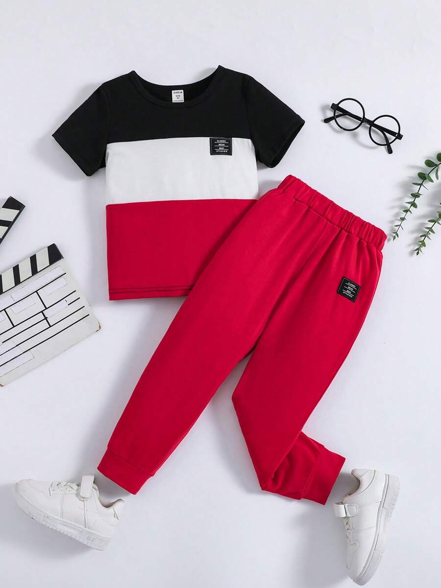 SHEIN Chico joven Pantalones deportivos con camiseta con parche de letra de color combinado - Multicolor - Ver 1