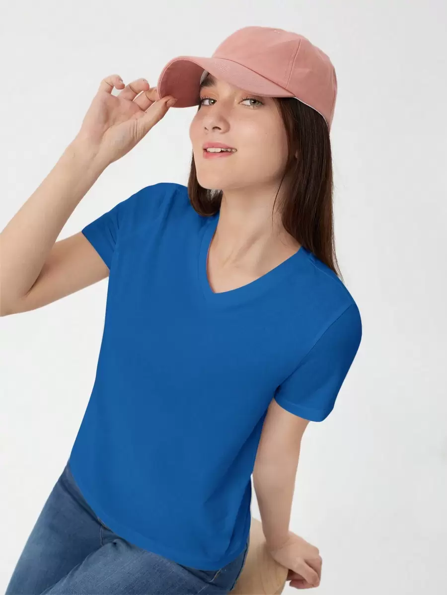 RueChic Teen Girl Solid V Neck Tee - Blue - View 1