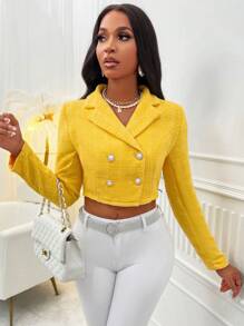 SHEIN Slayr 西裝領雙排釦短款花呢外套 - 黃色 - 查看 1