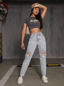 SHEIN EZwear Jeans ajustados mom desgarro de talle alto - Gris Claro - Ver 6