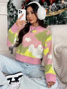 SHEIN Unity 图案落肩针织套头衫，秋冬款 - 卡其色 - 查看 3