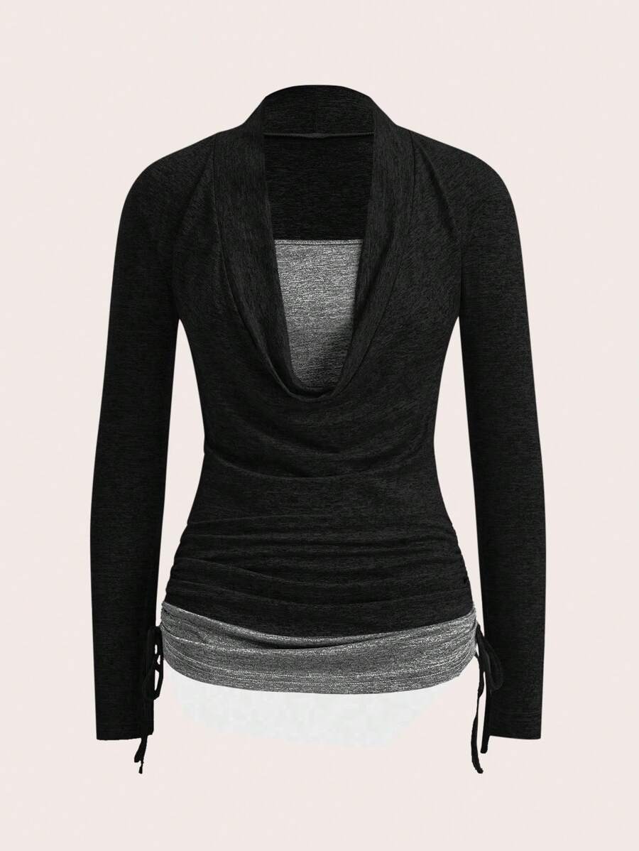 SHEIN Unity 垂坠领口抽绳侧褶皱 T 恤图案 T 恤女式上衣 - 黑色 - 查看 1