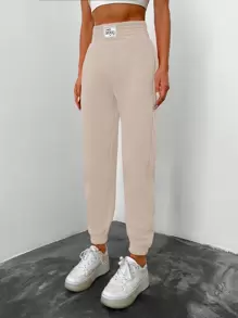 RueChic Letter Patched Detail Slant Pocket Pants - Khaki - View 4