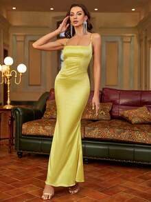 PARTHEA Mermaid Hem Satin Cami Dress - Yellow - View 7