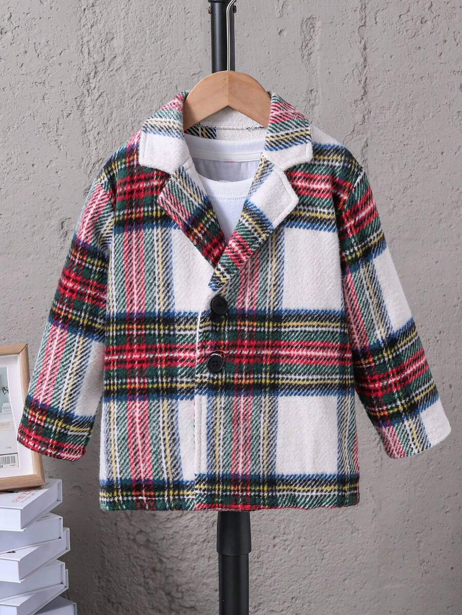 SHEIN 男小童格紋印花西裝領外套不帶T恤 - 紅色 - 查看 1