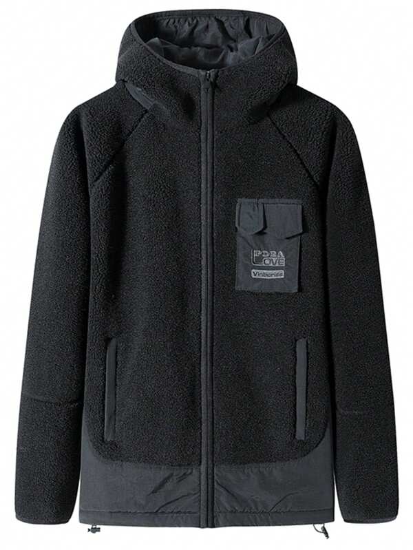 Men Plus Letter Graphic Raglan Sleeve Hooded Teddy Jacket