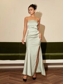 緞面分裂大腿無肩帶長筒伴娘裙 - 薄荷綠 - 查看 3