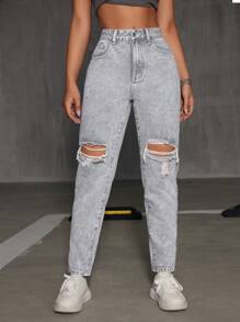 SHEIN EZwear Jeans ajustados mom desgarro de talle alto - Gris Claro - Ver 4