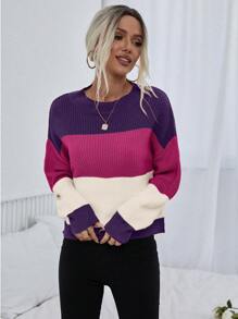 SHEIN LUNE 撞色落肩针织套头衫秋冬毛衣 - 彩色 - 查看 4