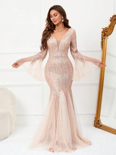 Abito da sera lungo per cerimonia con maniche lunghe, in rete con paillettes a contrasto, elegante, adatto per laurea, cena