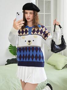 SHEIN EZwear 卡通小熊&菱形印花Polo領落肩袖套頭毛衣 - 彩色 - 查看 6