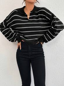 Almamuse Striped Pattern Drop Shoulder Sweater,Long Sleeve Tops Knit Pullover Fall Winter Outfit - Black and White - View 1