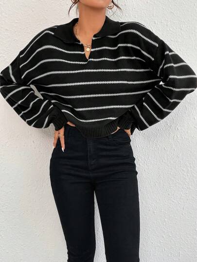 SHEIN Raffinéa Striped Pattern Drop Shoulder Sweater,Long Sleeve Tops Knit Pullover Fall Winter Sweater