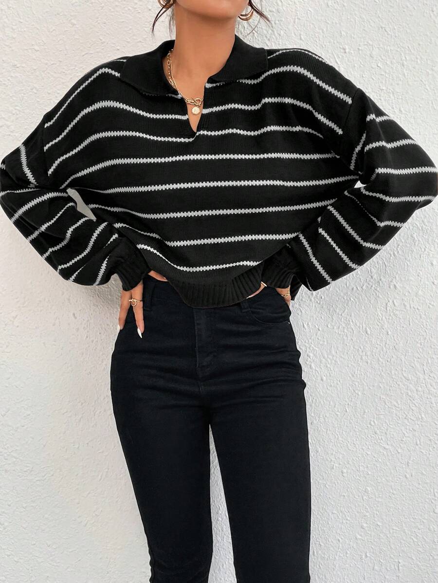 Almamuse Striped Pattern Drop Shoulder Sweater,Long Sleeve Tops Knit Pullover Fall Winter Outfit - Black and White - View 1