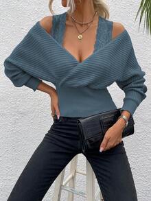 SHEIN Essnce Contrast Lace Dolman Sleeve Wrap 2 in1 Sweater - Dusty Blue - View 6