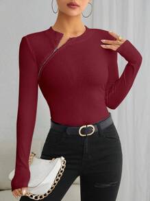 SHEIN Essnce 拉鏈細節條紋針織修身T恤 - 酒紅色 - 查看 1