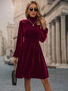 SHEIN Clasi 高领灯笼袖连衣裙 酒红色 女装 - 酒紅色 - 查看 4