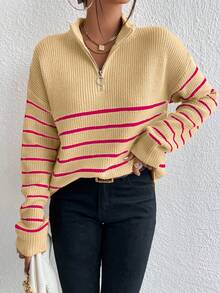 Chiquease Mẫu sọc Dây kéo mặt trước Thả vai Áo len - Màu be - Xem 4