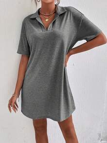 SHEIN LUNE 素色落肩T恤連衣裙 - 深灰色 - 查看 4