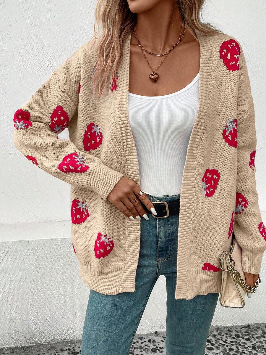 SHEIN Essnce Mẫu Dâu tây Thả vai Áo len Duster - Màu be - Xem 1