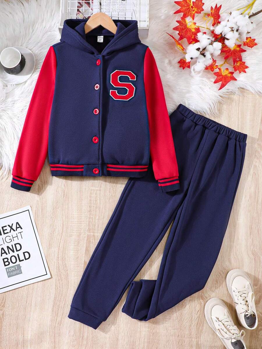 SHEIN Tween Girl Letter Patched Striped Trim Hooded Jacket & Sweatpants - Multicolor - View 1