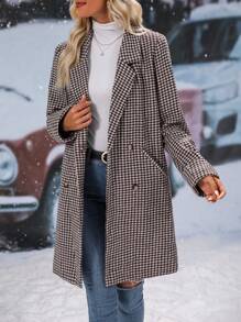 SHEIN Clasi 千鳥格印花雙排釦花呢外套 - 咖啡棕 - 查看 3