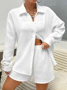 Flirla Solid Drop Shoulder Shirt & Shorts - White - View 3