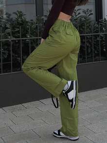 Solid Flap Pocket Cargo Pants - Green - View 2