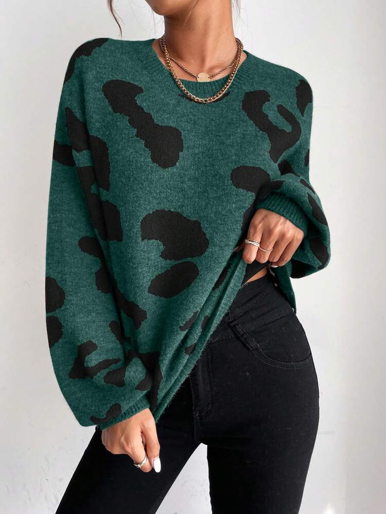 Graphic Pattern Drop Shoulder Sweater,Long Sleeve Tops Knit Pullover Fall Winter, Christmas