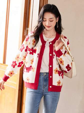 1pc Vintage Round Neck Colorblock Flower Pattern Loose Fit Knitted Sweater Cardigan For Fall/winter Daily Office Look