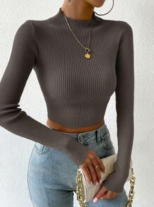 SHEIN Essnce 小高領條紋針織短款毛衣 - 摩卡棕 - 查看 1