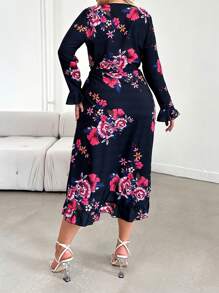SHEIN Cottnline Plus Floral Print Flounce Sleeve Ruffle Trim Wrap Belted Dress - Multicolor - View 2