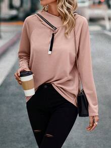 SHEIN LUNE 拉鏈細節插肩袖連帽衫 - 粉色 - 查看 6