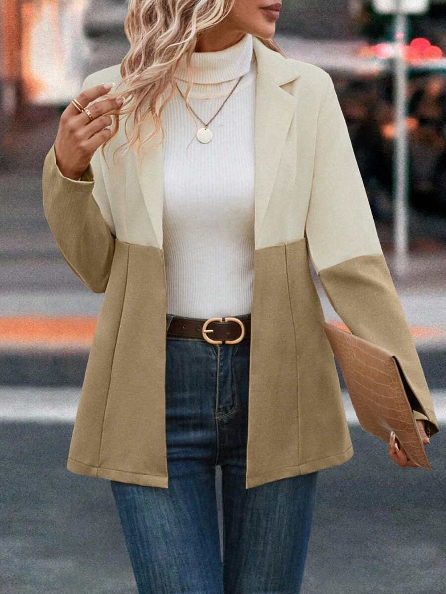 SHEIN LUNE Two Tone Lapel Neck Open Front Blazer Fall Cloth For Women