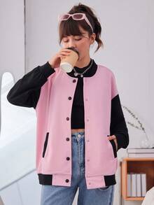 Teen Girl Eagle & Letter Graphic Two Tone Drop Shoulder Bomber Jacket - Pink - View 2