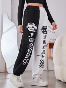 Chica adolescente Pantalones deportivos de dos tonos con estampado de letra japonesa y figura
