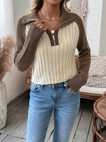 SHEIN LUNE Áo len chui đầu tay raglan phối màu, khóa kéo nửa thân, thích hợp cho mùa thu đông. - Màu be - Xem 3