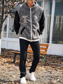 Aesthetic Post--Men Plus Letter Embroidery Colorblock Hooded Teddy Jacket - Grey - View 6