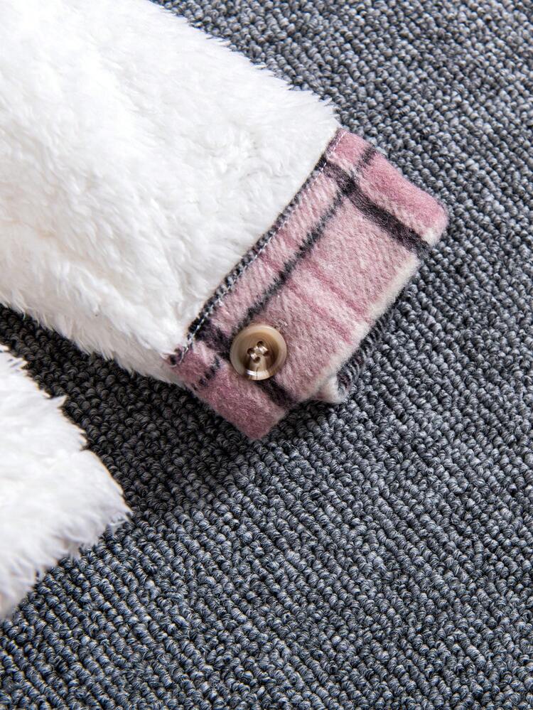 Young Boy Plaid Print Contrast Plaid Flap Pocket Teddy Coat
