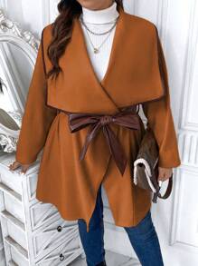 SHEIN Unity Plus Waterfall Collar Contrast Binding Belted Overcoat - Khaki - View 4